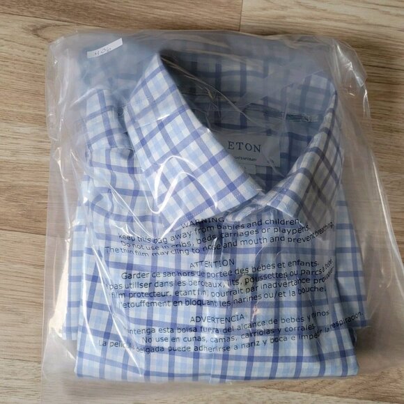 Eton Blue and White Checkered Casual Button Down Shirt - Picture 8 of 8